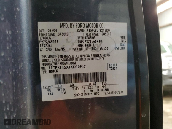 2004 Ford F-150 XLT с VIN 1FTPX145X4KD10947, выставлен на аукционе Copart как лот 43321555 с пробегом Не указан миль и Списание • Salvage title. История ставок и продаж доступна на DreamBid. Изображение 14.