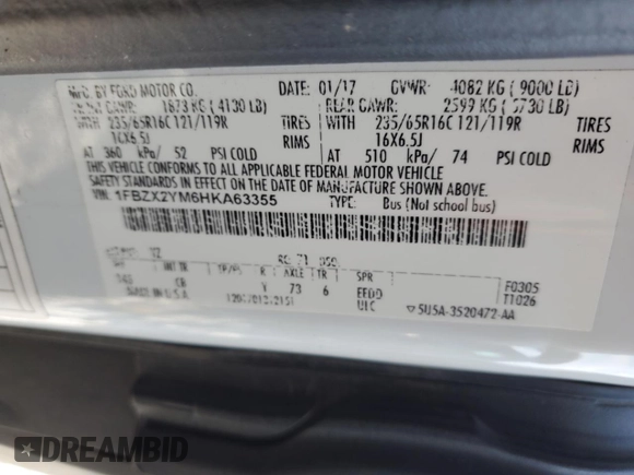 2017 Ford Transit XL with VIN 1FBZX2YM6HKA63355, listed as a Copart auction lot 89091005 with 120,043 mi miles and Salvage Title. Bid and sale history available at DreamBid. Image 16.
