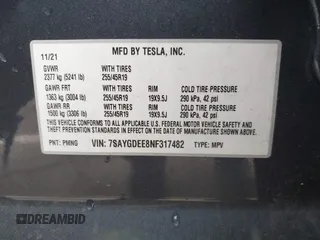 2022 Tesla Model Y Long Range with VIN 7SAYGDEE8NF317482, listed as a IAAI auction lot 41806043 with 32,108 mi miles and . Bid and sale history available at carsss.com. Image 9.