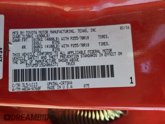 2016 Toyota Tundra 4WD Truck SR with VIN 5TFUM5F15GX066371, listed as a Copart auction lot 46525995 with 223,389 mi miles and Salvage Title. Bid and sale history available at carsss.com. Image 12.
