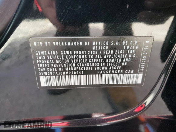 2017 Volkswagen Jetta S with VIN 3VW2B7AJ6HM270942, listed as a Copart auction lot 63705935 with 141,579 mi miles and Salvage title. Bid and sale history available at DreamBid. Image 13.