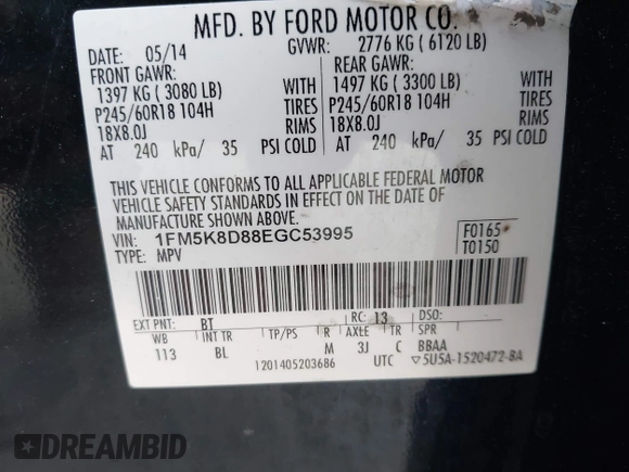 2014 Ford Explorer XLT z VIN 1FM5K8D88EGC53995, wystawiony jako IAAI lot #42170103 z przebiegiem Nie podano mil oraz . Historia ofert i sprzedaży dostępna na DreamBid. Obrazek 9.