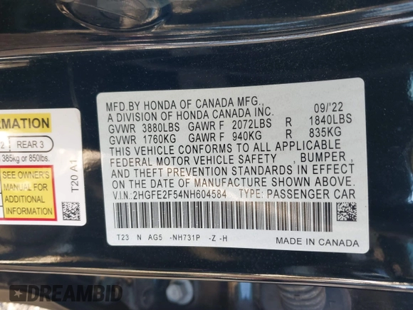 2022 Honda Civic Sedan Sport with VIN 2HGFE2F54NH604584, listed as a IAAI auction lot 41865433 with 23,005 mi miles. Bid and sale history available at carsss.com. Image 9.