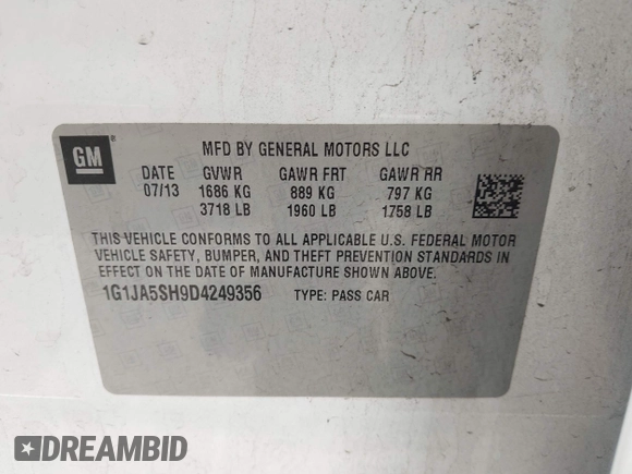 2013 Chevrolet Sonic LS with VIN 1G1JA5SH9D4249356, listed as a IAAI auction lot 42373352 with 151,337 mi miles and . Bid and sale history available at DreamBid. Image 9.
