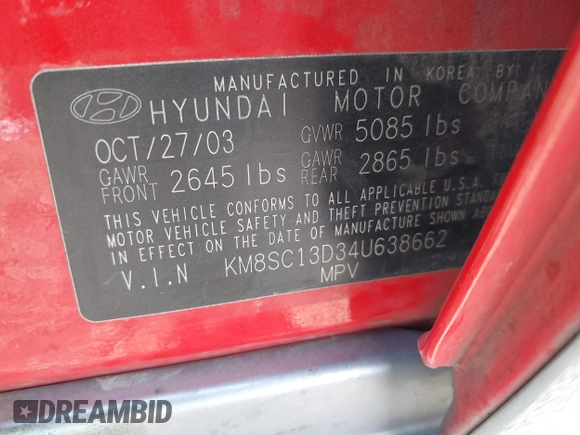 2004 Hyundai Santa Fe GLS with VIN KM8SC13D34U638662, listed as a IAAI auction lot 42126589 with 196,428 mi miles. Bid and sale history available at carsss.com. Image 9.
