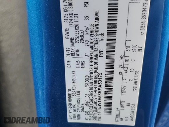 2019 Ford F-150 XL with VIN 1FTEW1E53KFA53175, listed as a Copart auction lot 86341914 with Not Provided miles and Non Repairable. Bid and sale history available at carsss.com. Image 13.