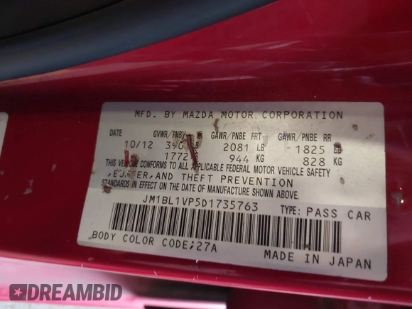 2013 Mazda 3 i Touring with VIN JM1BL1VP5D1735763, listed as a IAAI auction lot 41785077 with 174,836 mi miles and . Bid and sale history available at DreamBid. Image 9.