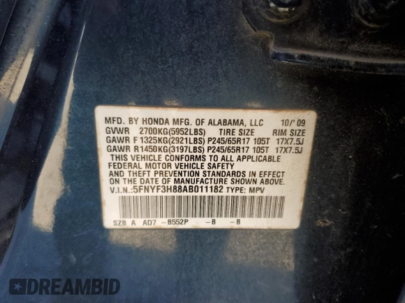 2010 Honda Pilot Touring with VIN 5FNYF3H88AB011182, listed as a Copart auction lot 83446604 with 175,872 mi miles and Salvage Title. Bid and sale history available at DreamBid. Image 13.