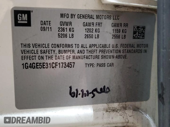 2012 Buick LaCrosse Premium 1 with VIN 1G4GE5E31CF173457, listed as a Copart auction lot 81703704 with 136,844 mi miles and Salvage title. Bid and sale history available at DreamBid. Image 13.