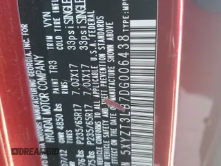 2013 Hyundai Santa Fe Sport z VIN 5XYZT3LB7DG006438, wystawiony jako Copart lot #82878284 z przebiegiem 228 765 mil mil oraz Szkoda całkowita • Salvage title. Historia ofert i sprzedaży dostępna na DreamBid. Obrazek 13.