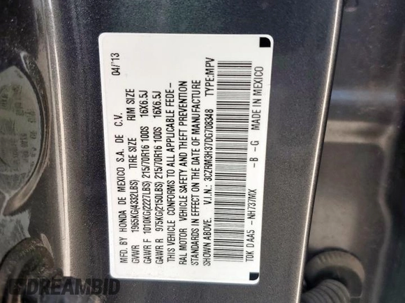2013 Honda CR-V LX with VIN 3CZRM3H37DG708348, listed as a Copart auction lot 59321335 with 79,020 mi miles and Salvage title. Bid and sale history available at DreamBid. Image 13.