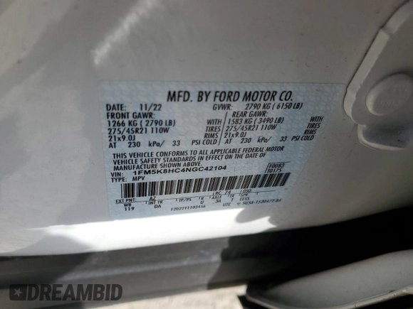 2022 Ford Explorer Platinum with VIN 1FM5K8HC4NGC42104, listed as a Copart auction lot 42401935 with 21,981 mi miles and Salvage Title. Bid and sale history available at carsss.com. Image 13.
