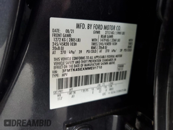 2021 Ford Mustang Mach-E GT with VIN 3FMTK4SEXMME01710, listed as a Copart auction lot 59741385 with 53,370 mi miles and Salvage title. Bid and sale history available at DreamBid. Image 13.