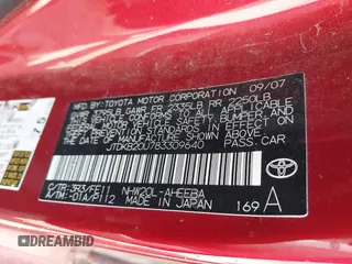 2008 Toyota Prius with VIN JTDKB20U783309640, listed as a IAAI auction lot 42030710 with Not provided miles and . Bid and sale history available at DreamBid. Image 9.