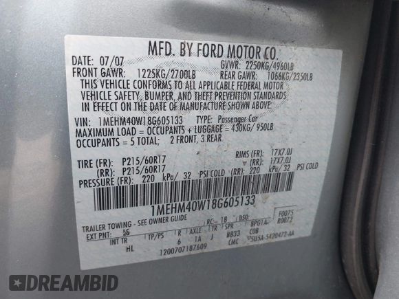 2008 Mercury Sable with VIN 1MEHM40W18G605133, listed as a IAAI auction lot 41539069 with 127,321 mi miles. Bid and sale history available at carsss.com. Image 9.