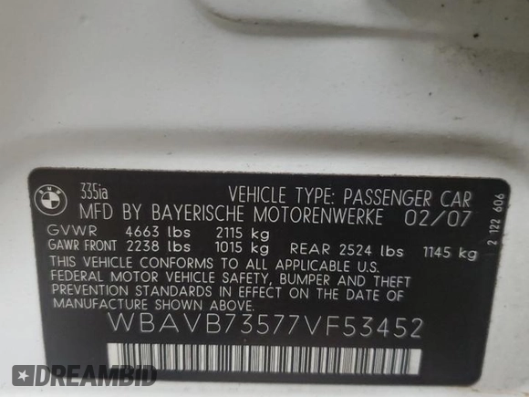 2007 BMW 3 Series 335i with VIN WBAVB73577VF53452, listed as a Copart auction lot 50730445 with 127,321 mi miles and Clean Title. Bid and sale history available at carsss.com. Image 13.
