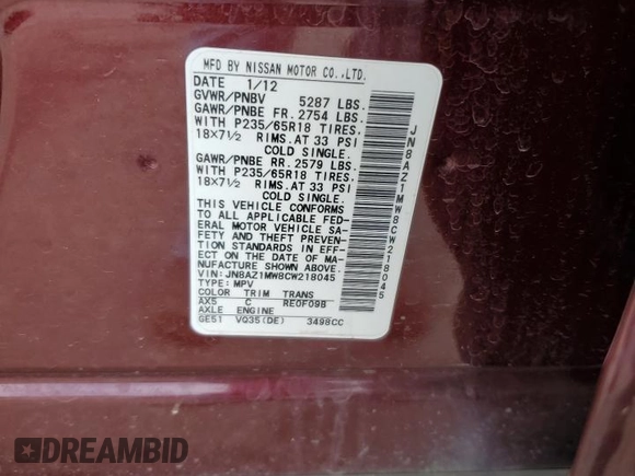 2012 Nissan Murano SL с VIN JN8AZ1MW8CW218045, выставлен на аукционе Copart как лот 55182975 с пробегом Не указан миль и Списание • Salvage title. История ставок и продаж доступна на DreamBid. Изображение 12.