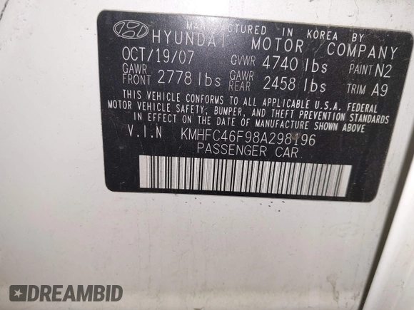 2008 Hyundai Azera Limited с VIN KMHFC46F98A298196, выставлен на аукционе IAAI как лот 42336695 с пробегом 120 787 миль миль и . История ставок и продаж доступна на DreamBid. Изображение 9.