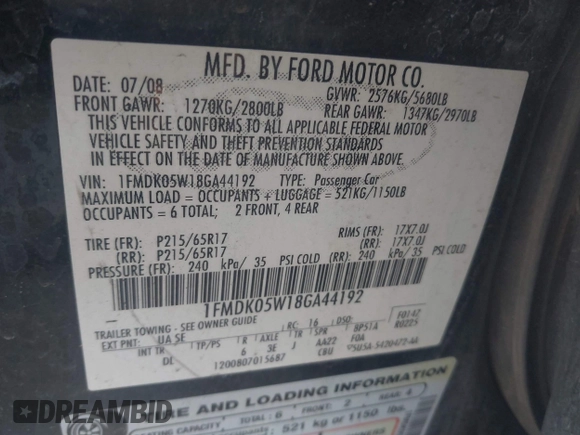 2008 Ford Taurus X SEL with VIN 1FMDK05W18GA44192, listed as a IAAI auction lot 42070829 with 170,588 mi miles and . Bid and sale history available at DreamBid. Image 9.
