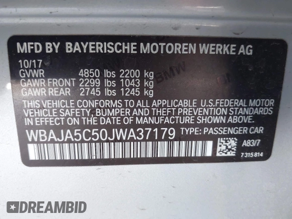 2018 BMW 5 Series 530i with VIN WBAJA5C50JWA37179, listed as a IAAI auction lot 42003204 with 74,333 mi miles and . Bid and sale history available at carsss.com. Image 9.