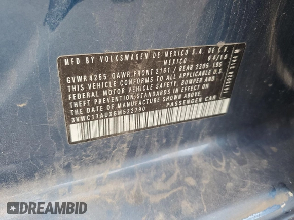 2016 Volkswagen Golf SportWagen TSI S with VIN 3VWC17AUXGM522790, listed as a Copart auction lot 83747844 with 0 mi miles and Salvage Title. Bid and sale history available at carsss.com. Image 13.