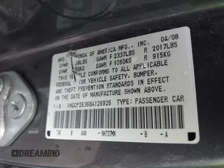 2008 Honda Accord LX z VIN 1HGCP26368A126926, wystawiony jako IAAI lot #42031554 z przebiegiem 296 402 mil mil oraz . Historia ofert i sprzedaży dostępna na DreamBid. Obrazek 9.