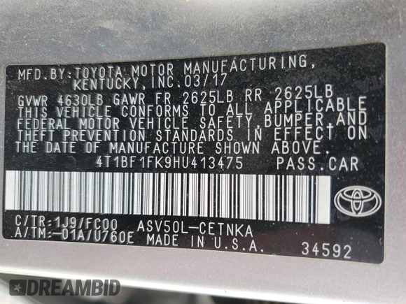 2017 Toyota Camry XLE with VIN 4T1BF1FK9HU413475, listed as a Copart auction lot 47134765 with 117,971 mi miles and Salvage Title. Bid and sale history available at carsss.com. Image 12.