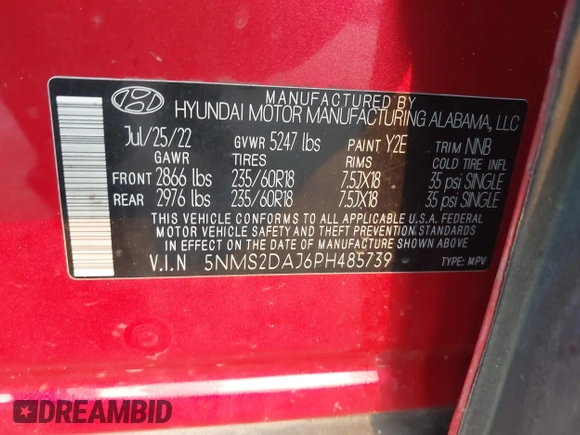 2023 Hyundai Santa Fe SEL z VIN 5NMS2DAJ6PH485739, wystawiony jako IAAI lot #41922331 z przebiegiem 74 224 mil mil oraz . Historia ofert i sprzedaży dostępna na DreamBid. Obrazek 9.