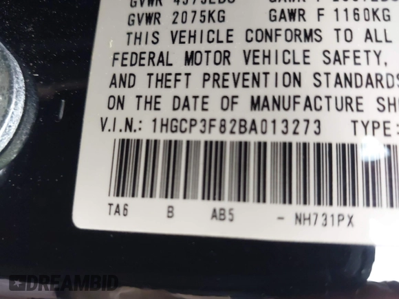 2011 Honda Accord EX-L with VIN 1HGCP3F82BA013273, listed as a IAAI auction lot 42158147 with 165,758 mi miles and . Bid and sale history available at DreamBid. Image 9.