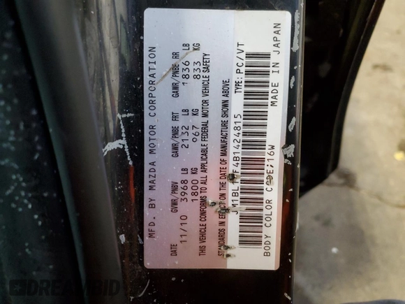 2011 Mazda 3 i Touring z VIN JM1BL1VF4B1424815, wystawiony jako Copart lot #43519975 z przebiegiem 225 947 mil mil oraz Szkoda całkowita • Salvage title. Historia ofert i sprzedaży dostępna na DreamBid. Obrazek 12.