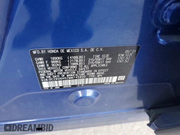 2021 Honda HR-V EX with VIN 3CZRU6H52MM745800, listed as a Copart auction lot 49078255 with 55,659 mi miles and Salvage Title. Bid and sale history available at carsss.com. Image 13.
