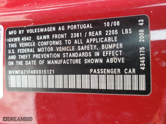 2009 Volkswagen Eos Lux with VIN WVWFA71F49V015121, listed as a Copart auction lot 47380395 with 138,740 mi miles and Salvage Title. Bid and sale history available at carsss.com. Image 12.