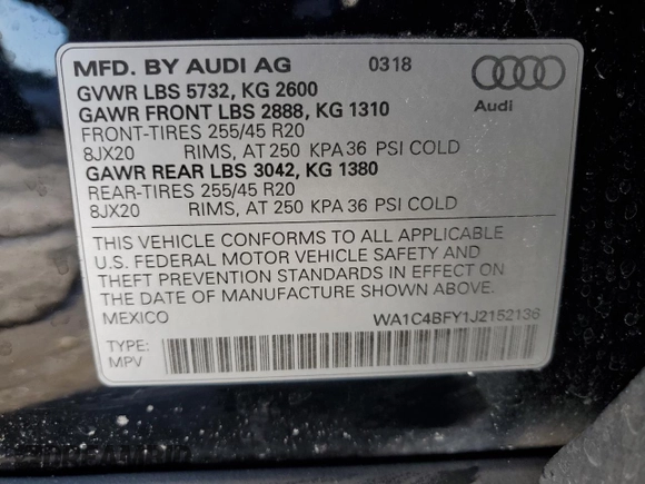 2018 Audi SQ5 with VIN WA1C4BFY1J2152136, listed as a Copart auction lot 89361275 with 53,603 mi miles and Salvage Title. Bid and sale history available at DreamBid. Image 14.