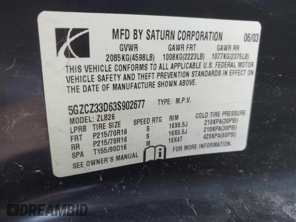 2003 Saturn VUE with VIN 5GZCZ33D63S902677, listed as a IAAI auction lot 41391887 with 153,621 mi miles. Bid and sale history available at carsss.com. Image 9.