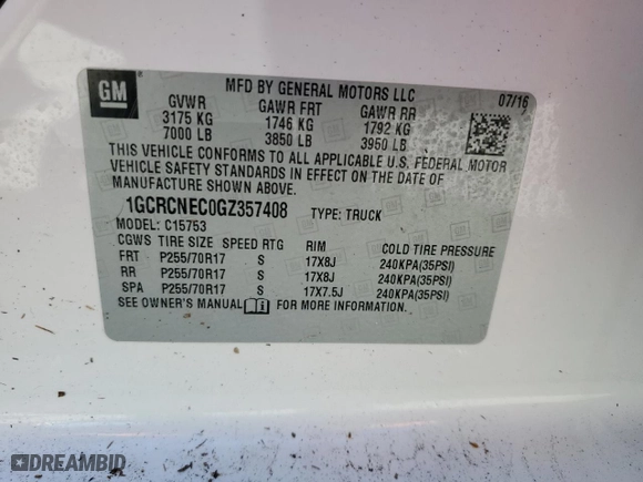 2016 Chevrolet Silverado 1500 Work Truck with VIN 1GCRCNEC0GZ357408, listed as a Copart auction lot 49910555 with 83,267 mi miles and Salvage Title. Bid and sale history available at carsss.com. Image 12.