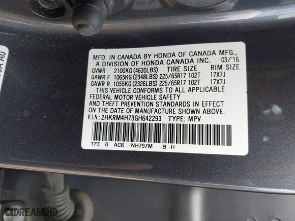 2016 Honda CR-V EX-L with VIN 2HKRM4H73GH642293, listed as a IAAI auction lot 41721368 with 78,495 mi miles. Bid and sale history available at carsss.com. Image 9.