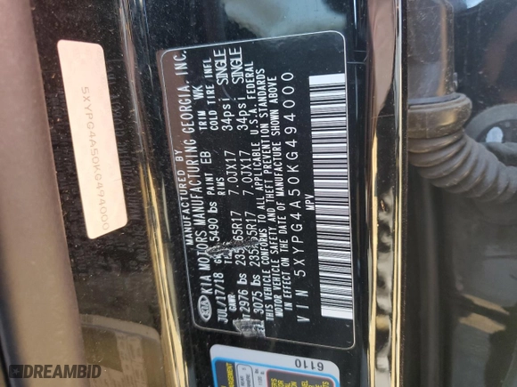 2019 Kia Sorento LX V6 with VIN 5XYPG4A50KG494000, listed as a Copart auction lot 47469005 with 0 mi miles and Salvage Title. Bid and sale history available at carsss.com. Image 14.