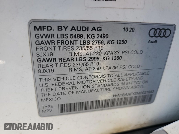2021 Audi Q5 Premium Plus with VIN WA1BAAFY3M2021843, listed as a Copart auction lot 61691355 with Not provided miles and Salvage title. Bid and sale history available at DreamBid. Image 13.