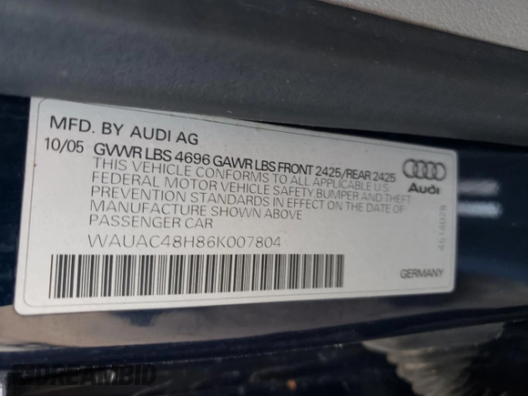 2006 Audi A4 1.8T with VIN WAUAC48H86K007804, listed as a Copart auction lot 82845324 with 72,122 mi miles and Clean Title. Bid and sale history available at carsss.com. Image 12.