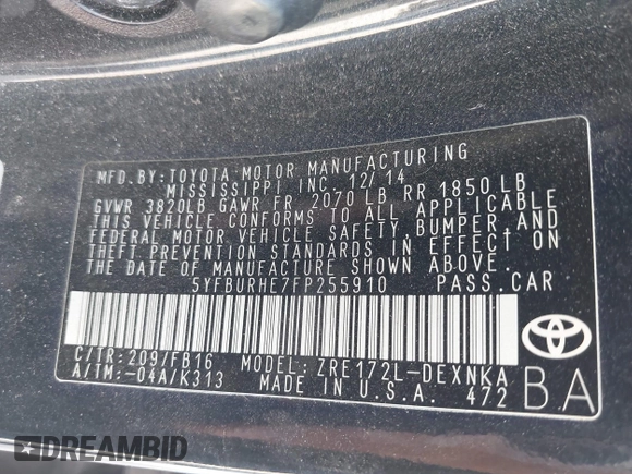 2015 Toyota Corolla L with VIN 5YFBURHE7FP255910, listed as a IAAI auction lot 42132289 with 97,635 mi miles and . Bid and sale history available at DreamBid. Image 9.
