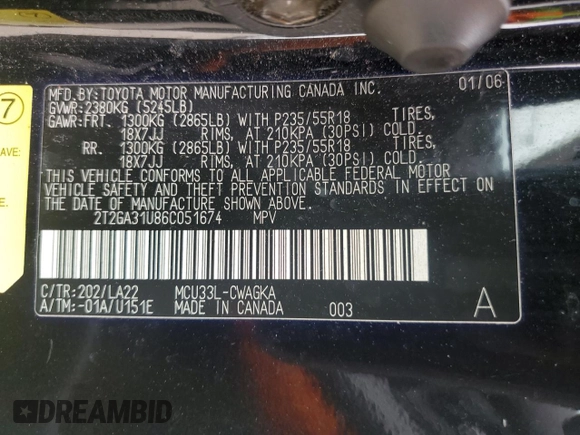 2006 Lexus RX 330 with VIN 2T2GA31U86C051674, listed as a Copart auction lot 62016765 with Not provided miles and Salvage title. Bid and sale history available at DreamBid. Image 13.