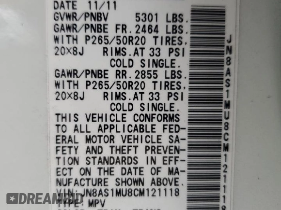 2012 Infiniti FX with VIN JN8AS1MU8CM121118, listed as a Copart auction lot 56963224 with Not provided miles and Salvage title. Bid and sale history available at DreamBid. Image 13.