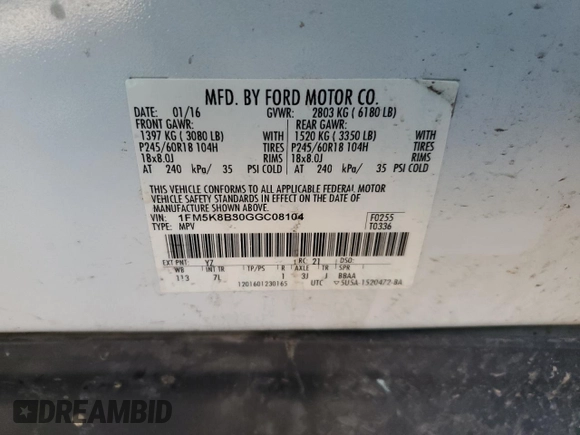 2016 Ford Explorer with VIN 1FM5K8B80GGC08104, listed as a Copart auction lot 47242885 with 102,990 mi miles and Salvage Title. Bid and sale history available at DreamBid. Image 14.