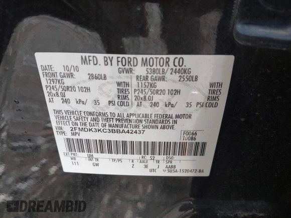 2011 Ford Edge Limited с VIN 2FMDK3KC3BBA42437, выставлен на аукционе IAAI как лот 42681803 с пробегом 182 470 миль миль и . История ставок и продаж доступна на DreamBid. Изображение 9.