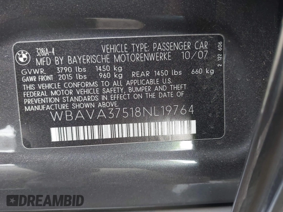 2008 BMW 3 Series 328i with VIN WBAVA37518NL19764, listed as a IAAI auction lot 41549896 with 182,578 mi miles. Bid and sale history available at carsss.com. Image 9.