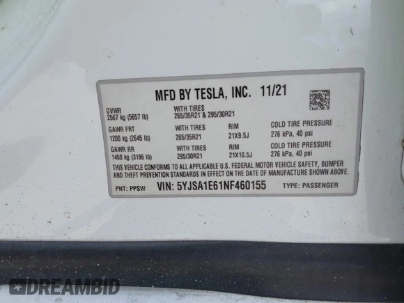 2022 Tesla Model S Plaid with VIN 5YJSA1E61NF460155, listed as a IAAI auction lot 42545167 with 51,711 mi miles and . Bid and sale history available at DreamBid. Image 9.