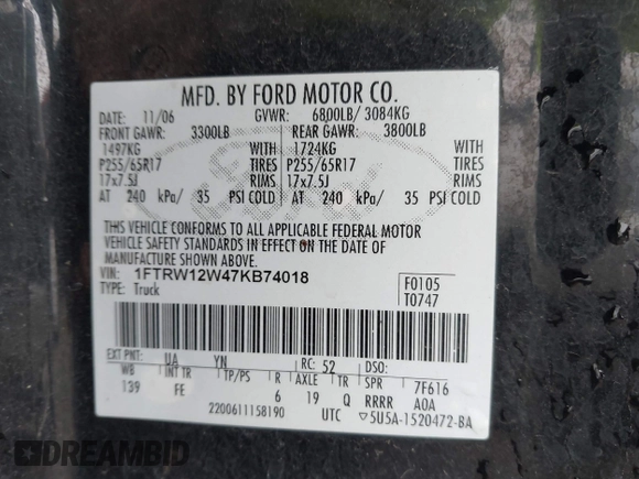 2007 Ford F-150 XLT with VIN 1FTRW12W47KB74018, listed as a IAAI auction lot 42357210 with 242,184 mi miles and . Bid and sale history available at DreamBid. Image 9.
