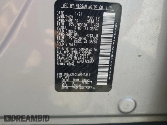 2021 Nissan Armada SL z VIN JN8AY2BC1M9146364, wystawiony jako Copart lot #52925305 z przebiegiem 167 809 mil mil oraz Szkoda całkowita • Salvage title. Historia ofert i sprzedaży dostępna na DreamBid. Obrazek 15.