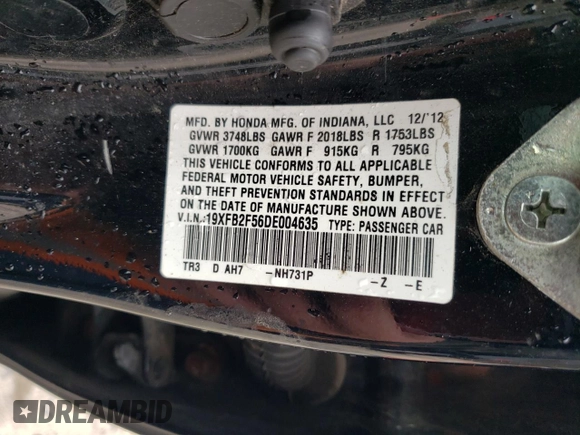 2013 Honda Civic LX z VIN 19XFB2F56DE004635, wystawiony jako Copart lot #51741015 z przebiegiem 104 211 mil mil oraz Czysty tytuł • Clean title. Historia ofert i sprzedaży dostępna na DreamBid. Obrazek 12.