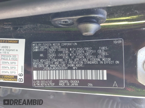 2010 Toyota 4Runner Trail with VIN JTEBU5JR0A5003049, listed as a IAAI auction lot 39075977 with 159,785 mi miles and . Bid and sale history available at DreamBid. Image 9.